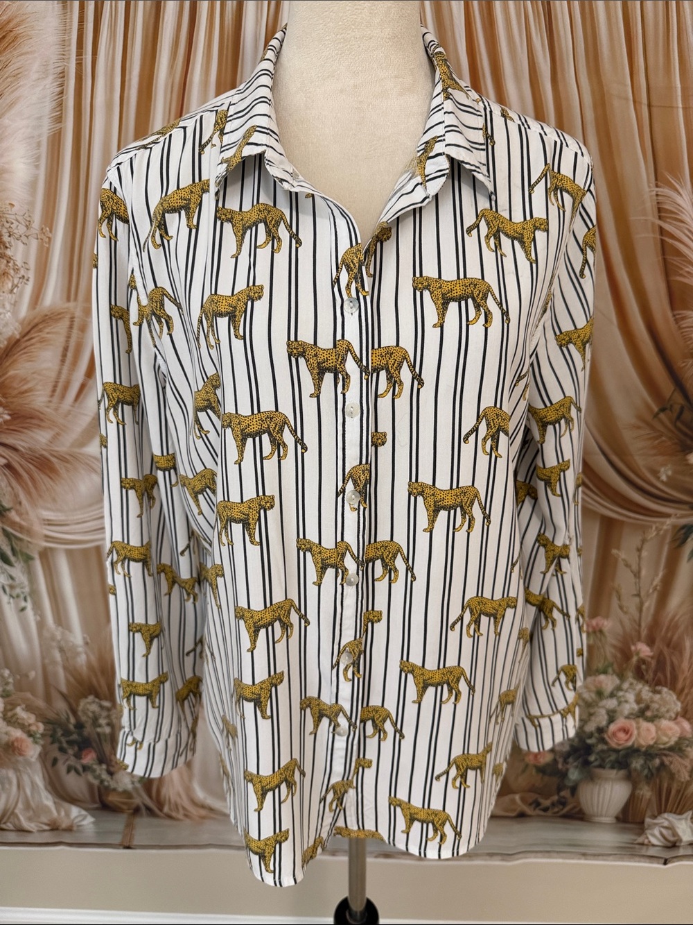 Jane and Delancey Button-Down Shirt with Black Stripes & Gold Cheetah Print